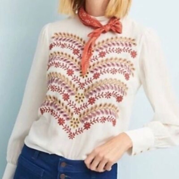 Anthropologie Tops - 274 Anthropologie Meadow Rue Embroidered Mock Neck Back Buttons Blouse size 2